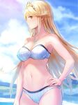  1girl absurd_res alluring anbe_yoshirou beach big_breasts bikini blonde_hair blurry breasts cleavage cloud female_focus gem hair_ornament hand_on_hip headpiece high_res jewelry long_hair looking_at_viewer matching_hair/eyes mythra mythra_(xenoblade) navel nintendo ocean pose sky standing staring strapless strapless_bikini swimsuit thighs tiara tsundere under_boob very_long_hair voluptuous white_bikini xenoblade_(series) xenoblade_chronicles_2 yellow_eyes 