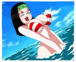 american_dad bikini_top bottomless breasts edit hayley_smith huge_breasts in_water looking_at_viewer makeup no_panties ocean on_beach open_mouth sea sky striped_bikini swimming