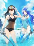 2girls alluring big_breasts black_hair black_one-piece_swimsuit black_swimsuit blue_hair blue_one-piece_swimsuit blue_swimsuit breasts brighid_(xenoblade) brown_eyes clouds core_crystal covered_navel duo elbow_gloves female_only fingerless_gloves gloves hat holding_sword in_water long_hair looking_at_viewer medium_breasts military morag_ladair_(xenoblade) nintendo one-piece_bikini one-piece_swimsuit outside purple_eyes see-through sky swimsuit sword uyumi_x water xenoblade_(series) xenoblade_chronicles_2