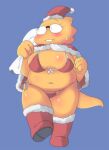 1girl 2d 2d_(artwork) adorable alphys alternate_costume anthro anthro_only aruput aruput_ut belly big_breasts bikini blue_background blush boots breasts buckteeth christmas chubby chubby_anthro chubby_belly chubby_female cute digital_media_(artwork) dinosaur dinosaur_girl female_anthro female_only full_body glasses gloves lizard lizard_girl lizard_tail looking_away monster monster_girl navel non-mammal_breasts non-mammal_navel partially_clothed partially_clothed_anthro partially_clothed_female reptile reptile_girl reptile_tail santa_bag santa_boots santa_costume santa_hat scalie scalie_female simple_background solid_color_background solo_anthro solo_female string_bikini swimsuit tail teeth third-party_source undertale undertale_(series) video_game_character video_games yellow_body yellow_skin