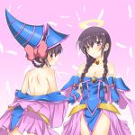 2girls art ayukawa_tenri babe back bare_back bare_shoulders big_breasts black_hair blush bow braid breasts choker cleavage cosplay crossover dark_magician_girl dark_magician_girl_(cosplay) diana_(kaminomi) dress dual_persona duel_monster feathers fingerless_gloves gloves goddess gradient gradient_background hair hair_rings halo halo_(object) hat headgear high_res kami_nomi_zo_shiru_sekai long_hair looking_at_viewer looking_back magician multiple_girls neck necklace off_shoulder parted_lips pentacle pentagram pink_background purple_eyes purple_hair short_hair sideboob strapless strapless_dress twin_braids undressing yu-gi-oh! yuto_(dialique) yuu-gi-ou_duel_monsters