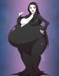 addams_family belly_expansion black_dress black_eyes butt_expansion goth hand_on_hip long_hair milf morticia_addams pregnant pregnant_belly pregnant_female seriojainc sexy sexy_body smirk white_skin