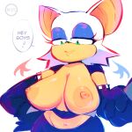  1:1 1girl 2023 absurd_res anthro areola armwear bat big_breasts breasts clothed clothing dialogue edalv elbow_gloves english_text eyeshadow female fur gloves green_eyes handwear high_res makeup mammal narrowed_eyes navel nipples rouge_the_bat sagging_breasts sega short_stack simple_background smile solo sonic_the_hedgehog_(series) speech_bubble tan_areola tan_body tan_nipples tan_skin text topless white_body white_fur 