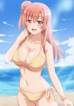 1girl 1girl :d alluring arm_at_side arms_up beach big_breasts bikini blue_sky blush breasts cleavage cloud collarbone commentary_request dars_(recolors) day hair_between_eyes hair_bun halterneck hand_up high_res horizon long_hair looking_at_viewer navel o-ring o-ring_top ocean open_mouth outside pink_eyes pink_hair scrunchie side-tie_bikini_bottom single_hair_bun sky smile standing stomach sunlight swimsuit teeth upper_teeth_only wrist_scrunchie yahari_ore_no_seishun_lovecome_wa_machigatteiru. yellow_bikini yuigahama_yui