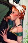 1boy 1girl anna_(frozen) artist_name blush breasts fellatio frozen_(movie) hairy_testicles hand_on_another's_head hand_on_head heart horny incase open_mouth oral orange_hair penis pleasure pubic_hair red_hair source_request testicles