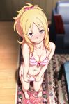  bikini_pull blonde_hair embarrassed eromanga_sensei female_only looking_at_viewer presenting_pussy purple_eyes side-tie_bikini striped_bikini yamada_elf yanagi_hirohiko 