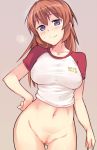 1girl anime big_breasts blue_eyes blush bottomless breasts censored charlotte_e_yeager em female hand_on_hip large_breasts long_hair looking_at_viewer mega_milk navel no_panties nopan orange_hair pubic_hair pussy raglan_sleeves shirt smile solo strike_witches taut_clothes taut_shirt