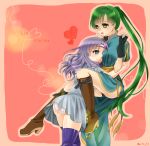  2girls art artist_request chinese_clothes dress fire_emblem fire_emblem:_rekka_no_ken fire_emblem_7 fire_emblem_blazing_sword florina florina_(fire_emblem) friends green_hair hair heart hugging lavender_hair long_hair love lyn lyndis lyndis_(fire_emblem) multiple_girls mutual_yuri nintendo no_armor open_mouth pegasus_knight ponytail yuri 