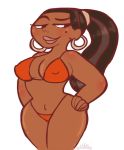 1girl bbw bikini breasts brown_hair cleavage dark_skin earrings hoop_earrings leshawna leshawna_(tdi) mole princesscallyie shiny shiny_skin smile string_bikini total_drama_island wide_hips