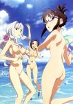 1girl 3_girls ;d akizuki_ritsuko ball beachball breasts brown_eyes brown_hair cleavage cloud folded_ponytail grey_hair high_resolution idolmaster long_hair megane miura_azusa multiple_girls navel nude_filter ocean one_eye_closed open_mouth photoshop purple_eyes red_eyes shijou_takane sky smile trio water wink