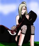 1boy 1girl bare_shoulders black_hair blonde_hair blue_eyes cheeks clothed eyelashes female forehead_protector grass hair_clip hair_over_one_eye hair_tie headband ino_yamanaka itachi_uchiha konohagakure_symbol light-skinned_female light_skin male nail_polish naruto naruto_shippuden naruto_shippuuden ponytail red_eyes sharingan shoulders