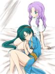 2girls art bare_legs bed blush chinese_clothes closed_eyes dress female fire_emblem fire_emblem:_rekka_no_ken fire_emblem_7 fire_emblem_blazing_sword florina_(fire_emblem) friends green_eyes green_hair hair kuromoji kuromoji_(artist) lap_pillow lavender_hair long_hair lying lyndis_(fire_emblem) multiple_girls mutual_yuri nintendo no_armor pegasus_knight ponytail short_sleeves sitting sleeping yuri