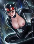 batman_(series) black_hair blue_eyes breasts catwoman dc dc_comics goggles looking_at_viewer nipples raining sakimichan selina_kyle