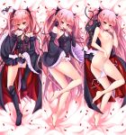  1girl arukanu bare_shoulders barefoot breasts dakimakura detached_sleeves dress feet high_resolution highres kotetu_han krul_tepes long_hair looking_at_viewer multiple_views nipples owari_no_seraph panties pink_hair pointed_ears pointy_ears red_eyes small_breasts smile stockings thighhighs underwear vampire 