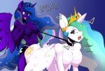 1girl 2015 all_fours ambiguous_penetration anthro anthrofied ass big_breasts blue_eyes blue_hair breasts crown cutie_mark dildo doggy_position duo english_text equine female/female friendship_is_magic from_behind furry hair heart horn incest leash long_hair mammal multicolored_hair my_little_pony navel nipples open_mouth penetration princess_celestia princess_luna purple_eyes raised_tail royalty sex sex_toy sibling sisters strap-on tail text thetroon winged_unicorn wings