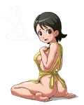 1girl apron ass between_legs black_eyes black_hair blush breasts brown_hair female from_behind hair hand_between_legs inazuma_eleven inazuma_eleven_(series) isu kino_aki large_breasts looking_at_viewer looking_back lowres naked_apron nude open_mouth penis poking short_hair sideboob sitting smile solo wariza when_you_see_it