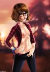 1girl blue_eyes bracelet breasts brown_hair collarbone eyeshadow freckles glasses hair hand_on_hip life_is_strange max_caulfield navel nipples no_bra open_shirt panties pants parted_lips shadman shirt short_hair small_breasts standing video_games