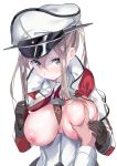 1girl big_breasts blonde blonde_hair blush breast_grab breasts breasts_out_of_clothes breasts_outside capelet deep_skin etonato grabbing graf_zeppelin_(kantai_collection) grey_eyes groping guided_breast_grab hair_between_eyes hat kantai_collection large_breasts long_hair looking_at_viewer maji_(etonato) nipples pov solo_focus tied_hair twin_tails twintails