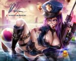  1girl blush breasts caitlyn caitlyn_(league_of_legends) glasses gun league_of_legends legs_spread long_hair mumeaw nipples officer_caitlyn police police_uniform policewoman purple_hair rifle shy signature 