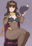  1girl bangs black_hair blunt_bangs bodystocking bodysuit book bracelet breasts cape chair circlet cleavage covered_navel fire_emblem fire_emblem_awakening hair_ornament jewelry legs long_hair looking_at_viewer nail_polish purple_eyes sitting skin_tight smile splashbrush tharja thick_thighs thighs 