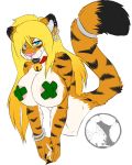  1girl anthro areola big_breasts blonde_hair breasts collar ear_piercing erect_nipples feline fur furry hair half-closed_eyes kammymau looking_at_viewer mammal navel nipples open_mouth orange_fur piercing simple_background smile stripes tiger white_background 