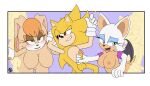  2girls 3boys big_breasts blush breasts clones female floating gloves handjob innotsu kneel leaning_forward makeup male male/female medium_breasts nipples penis rabbit rabbit_ears rouge_the_bat sega smug sonic_the_hedgehog sonic_the_hedgehog_(series) super_sonic vanilla_the_rabbit wings 