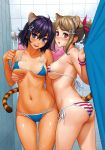 2girls :d ahoge animal_ears arm arms art ass babe bangs bare_arms bare_legs bathroom belly big_breasts bikini black_hair blue_bikini blue_eyes blush breast_grab breast_lift breasts brown_hair collarbone dark_skin hair hair_between_eyes hair_ornament hair_ribbon hairclip happy head_tilt highres homunculus_(artist) indoors legs looking_at_viewer multiple_girls mutual_yuri navel open_mouth original ponytail purple_eyes ribbon scan shiny shiny_skin short_hair shower_curtain shy side-tie_bikini sideboob skindentation smile star_hair_ornament strap_gap string_bikini striped striped_bikini striped_swimsuit sweat swept_bangs swimsuit tail tan tiger_ears tiger_tail tile_wall tiles towel underboob wrist_scrunchie yuri