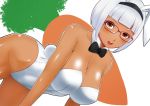 ass big_breasts bowl_cut bowtie bunny_tail bunnysuit cleavage dark-skinned_female glasses mouth_open white_hair white_leotard