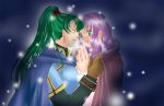 2girls art artist_request blush cape chinese_clothes cloak coat earrings eye_contact fire_emblem fire_emblem:_rekka_no_ken fire_emblem_7 fire_emblem_blazing_sword florina florina_(fire_emblem) friends gloves green_eyes green_hair hair hands_together happy high_ponytail hug incipient_kiss jewelry lavender_hair long_hair looking_at_another love lyn lyndis lyndis_(fire_emblem) multiple_girls mutual_yuri naughty_face nintendo pegasus_knight pink_hair ponytail purple_hair smile snow snowing winter_clothes yuri