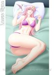 1girl arm arms art ass babe bare_arms bare_legs bare_shoulders barefoot bed belly bikini bikini_pull blue_eyes blush breasts character_name collarbone feet grin gundam gundam_seed gundam_seed_destiny hair highres idarkshadowi_(artist) lacus_clyne legs lips lipstick long_hair lying midriff navel neck off_shoulder on_side parted_lips pillow pink_hair pink_lipstick purple_bikini purple_swimsuit smile strap_slip swimsuit