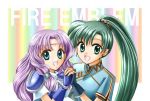  2girls :d aqua_eyes armor armored_dress art chinese_clothes circlet copyright_name dress fingerless_gloves fire_emblem fire_emblem:_rekka_no_ken fire_emblem_7 fire_emblem_blazing_sword florina florina_(fire_emblem) friends gloves green_eyes green_hair hair hand_holding happy high_ponytail lavender_hair long_hair looking_at_viewer love lyn lyndis lyndis_(fire_emblem) multiple_girls mutual_yuri nintendo open_mouth pegasus_knight pink_hair ponytail smile umejiso umejiso_(artist) upper_body yuri 