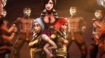 3girls blue_hair borderlands gag hair lilith_(borderlands) lordaardvark mad_moxxi maya_(borderlands) multiple_girls penis