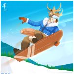  1girl 2016 aaron_(artist) action_pose anthro antlers big_penis big_testicles board bottomless brown_fur cervine clothed clothing deer detailed_background digital_media_(artwork) extreme_sports fur furry gloves half-erect highres hooves horn huge_penis huge_testicles humanoid_penis male mammal manly mature_male muscular muscular_male nipples open_mouth outside pecs penis pose precum sky smile snow snow_goggles snow_jacket snowboard snowboarder testicles tongue tongue_out topless tree uncut vein veiny_penis white_fur winter 