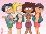 1girl 4girls amphibia anne_boonchuy backwards_baseball_cap backwards_hat black_hair blonde_hair blush breasts dark-skinned_female dark_hair dark_nipples disney disney_channel female_only flashing front_view ginger green_skirt hair_ornament hands_in_pockets happy_female hat looking_at_viewer maggie_(amphibia) mannysdirt marcy_wu miniskirt multiple_girls nipples no_bra open_shirt orange_hair peace_sign pink_skirt pleated_skirt purple_skirt red_hair sasha_waybright self_exposure shirt_down shirt_lift short_hair skirt thai v yellow_hair