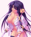  1girl breasts cleavage katana kurugaya_yuiko large_breasts little_busters little_busters! long_hair no_panties oekaki open_clothes open_shirt parted_lips purple_eyes purple_hair shirt solo sword thighhighs weapon yuiko_kurugaya zen 