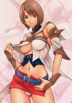  1girl artbook ashelia_b&#039;nargin_dalmasca belt breasts brown_hair female_only final_fantasy final_fantasy_xii green_eyes midriff momoi_nanabei navel nipples one_breast_out panties pantyshot scan short_hair skirt_tug solo underboob underwear 