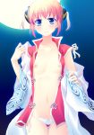  1girl blue_eyes bun bun_cover double_bun double_buns flat_chest gintama kagura kagura_(gintama) mitsuki_(artist) moon motomiya_mitsuki night nipples no_bra open_clothes open_shirt panties shirt short_hair solo underwear 