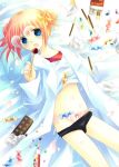  1girl bed blue_eyes bow candy chocolate_bar flat_chest food gintama hair_bow izumi_sakurazawa jelly_bean kagura kagura_(gintama) labcoat lollipop midriff open_clothes panties pocky sakurazawa_izumi side-tie_panties solo underwear 