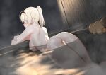 1girl 1girl ass back bathing big_breasts blonde_hair blue_eyes blush breasts censor_bar censored completely_nude crossed_arms from_behind gishu hand_on_own_arm hololive kazama_iroha looking_at_viewer looking_back medium_hair nipples nude onsen partially_submerged pokobee ponytail reward_available steam thighs tied_hair virtual_youtuber water wet