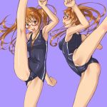 1girl air_gear brown_hair cameltoe flexible glasses high_kick kick kicking mosha noyamano_ringo one-piece_swimsuit ringo_noyamano school_swimsuit split swimsuit twintails