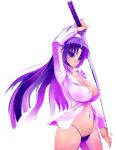  1girl aco_(koaya_ako) breasts huge_breasts katana kurugaya_yuiko little_busters little_busters! long_hair midriff navel nipple_slip nipples panties purple_eyes purple_hair shirt solo sword underwear weapon yuiko_kurugaya 