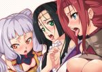  3girls ahegao bad_id black_hair blue_eyes blush breasts cleavage code_geass green_eyes headband hijiri kallen_stadtfeld large_breasts long_hair multiple_girls open_mouth orange_eyes purple_hair red_hair redhead short_hair sumeragi_kaguya tianzi tongue 