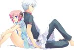  1boy 1girl back-to-back back_to_back barefoot blue_eyes breasts flat_chest gintama gintoki hair_ornament kagura kagura_(gintama) mitsuki_(artist) motomiya_mitsuki nipple_slip nipples no_bra no_panties open_clothes open_shirt pink_hair sakata_gintoki shirt short_hair white_hair 