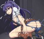 1girl ass asymmetrical_clothes asymmetrical_clothing bdsm bondage bound caryo kanzaki_kaori kaori_kanzaki nanashino piano_wire ponytail purple_hair shirt solo sword t-shirt to_aru_majutsu_no_index torn_clothes wardrobe_malfunction weapon