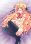  1girl akane_souichi bad_id blonde_hair blue_eyes blush breast_hold breasts hair_ribbon half_updo itsukushima_takako long_hair nude open_mouth otome_wa_boku_ni_koishiteru ribbon solo souichi sweatdrop thighhighs 