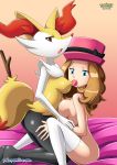 2_girls 2girls anthrofied bbmbbf blue_eyes braixen breasts female female/female female_human female_human/female_pokemon female_only female_pokemon hat human human/pokemon interspecies licking_breast nintendo palcomix pokemon pokemon_xy pokepornlive serena serena_(pokemon) stockings white_stockings yuri