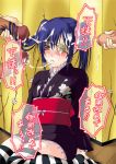  1girl blue_hair blush brown_eyes bukkake cum cum_on_clothes cum_on_hair dark_penis eyepatch gintama hairjob japanese_clothes kimono penis solo_focus striped thighhighs twintails yagyu_kyubei yagyuu_kyuubei zettai_ryouiki 