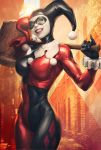  1girl batman_(series) between_breasts big_breasts blue_eyes bodysuit breasts clown dc_comics domino_mask female female_only gloves harley_quinn harley_quinn_(classic) hat jester_cap lipstick makeup mallet mask realistic smile solo_female stanley_lau teeth weapon 