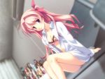 1girl bra chaos;head dress_shirt dutch_angle lingerie long_hair one_side_up open_clothes open_shirt pink_eyes pink_hair rimi_sakihata sakihata_rimi shirt solo twintails underwear