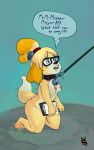 1girl animal_crossing anthro bell blush breasts canine caption clip_board collar dog drooling eyewear fur furry glasses hair hairband heart heart-shaped_pupils isabelle_(animal_crossing) mammal newd nintendo nipples nude open_mouth saliva shih_tzu simple_background teeth video_games yellow_fur